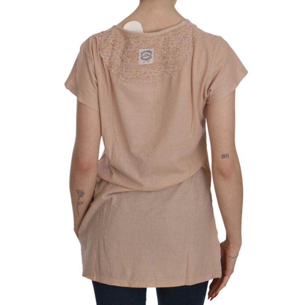 PINK MEMORIES Pink Cream Lace Short Sleeve Shirt Top Cotton Women's Blouse